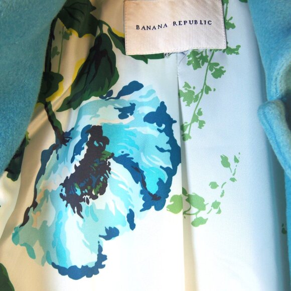 Vintage Banana Republic Full Length Wool Coat Lt Blue w/Floral Lining Epaulets - Picture 6 of 11